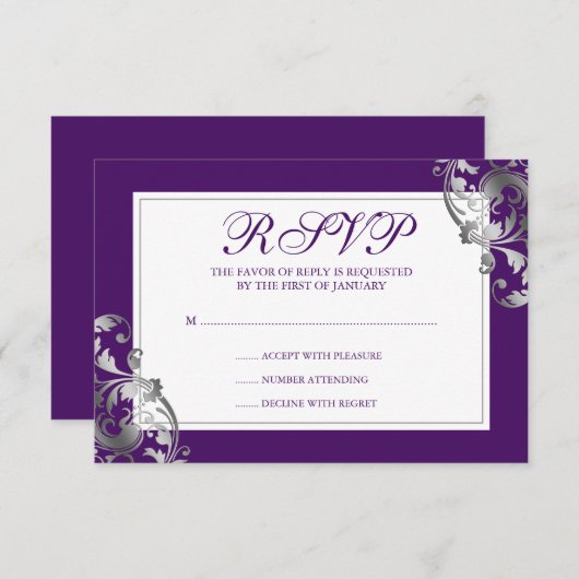 RSVPを結婚するフェイクな銀および紫色の華麗さの渦巻 出欠カード (正面/裏面)