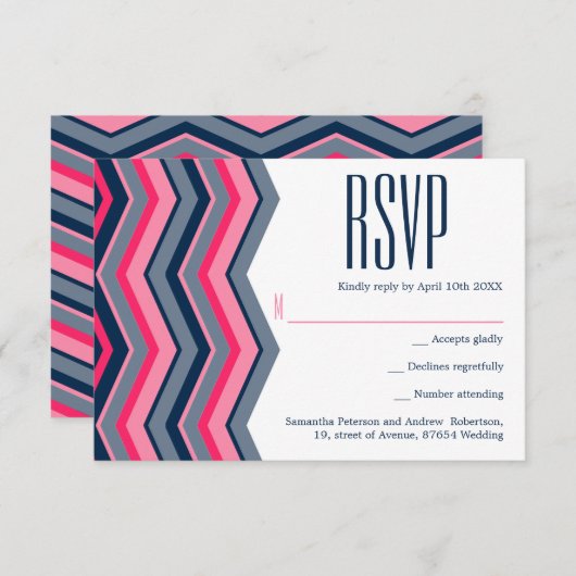 RSVPを結婚するモダンなネオンピンクの濃紺のシェブロン 出欠カード (正面/裏面)