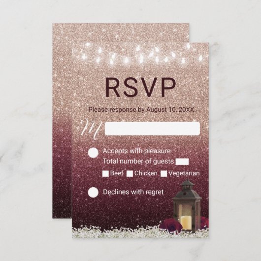 RSVPを結婚するモダンなバーガンディのばら色の金ゴールドのランタン 出欠カード (正面/裏面)