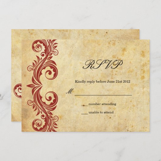 RSVPを結婚するヴィンテージのバーガンディの渦巻 招待状 (正面/裏面)