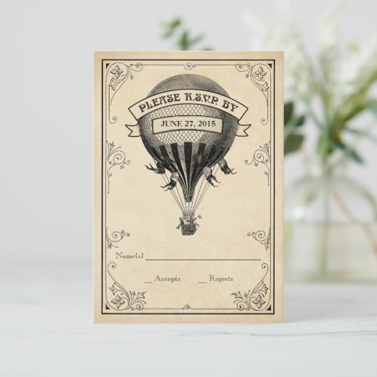 RSVPを結婚するヴィンテージの熱気の気球 出欠カード (スタンド正面)