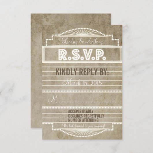 RSVPを結婚するヴィンテージの20年代映画玄関ひさし 出欠カード (正面/裏面)