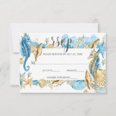 RSVPを結婚する海の青い金ゴールドの白い夏の下 出欠カード (正面)