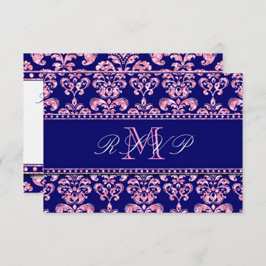 RSVPを結婚する濃紺のダマスク織のピンクのグリッター 出欠カード (正面/裏面)