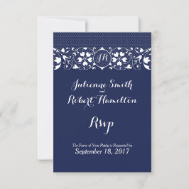 RSVPを結婚する濃紺のレースのモノグラム 出欠カード