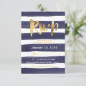 RSVPを結婚する濃紺の水彩画のストライプな金ゴールド 出欠カード (スタンド正面)
