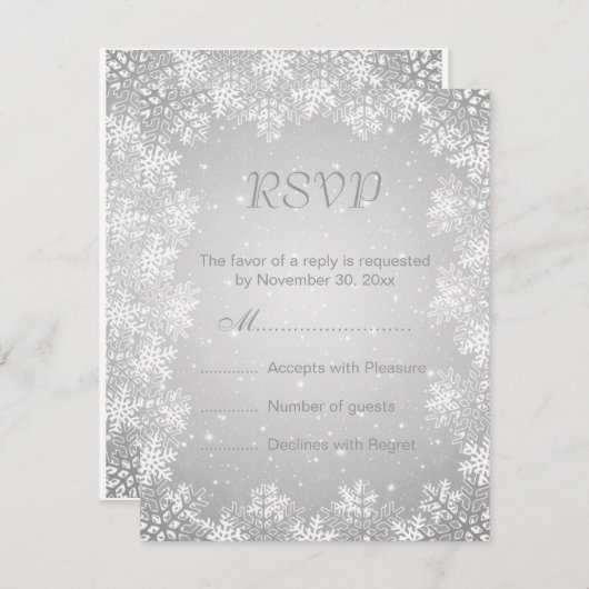 RSVPを結婚する白い灰色の雪片の冬 出欠カード (正面/裏面)