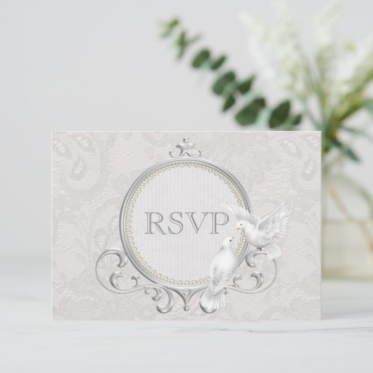 RSVPを結婚する白い鳩及びペイズリーのレース 出欠カード (スタンド正面)