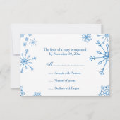 RSVPを結婚する白く青い雪片の冬 出欠カード (裏面)