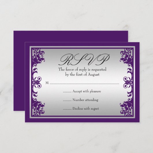 RSVPを結婚する紫色の銀製のヴィンテージの華麗さスクロール 出欠カード (正面/裏面)