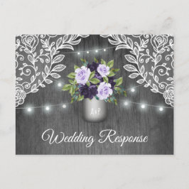 RSVPを結婚する紫色の銀製灰色の花の素朴な瓶 インビテーションポストカード