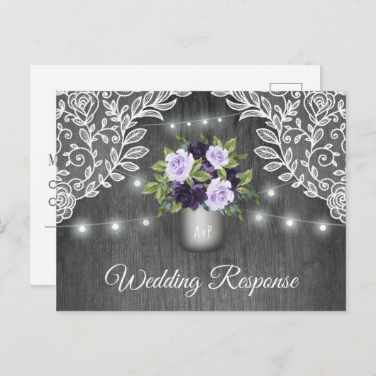 RSVPを結婚する紫色の銀製灰色の花の素朴な瓶 インビテーションポストカード (正面/裏面)