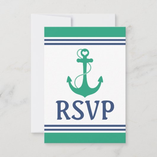 RSVPを結婚する緑のハートのいかりのモノグラム 出欠カード (正面)