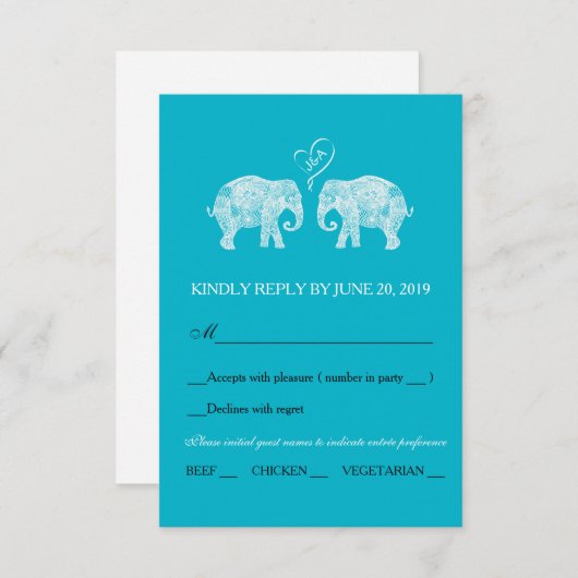RSVPを結婚する象のカップルのハートのカスタムな色 出欠カード (正面/裏面)