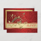 RSVPを結婚する赤いダマスク織の金花 出欠カード (正面/裏面)