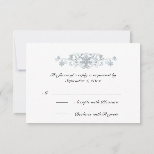 RSVPを結婚する銀色の青い雪片の冬 出欠カード (正面)