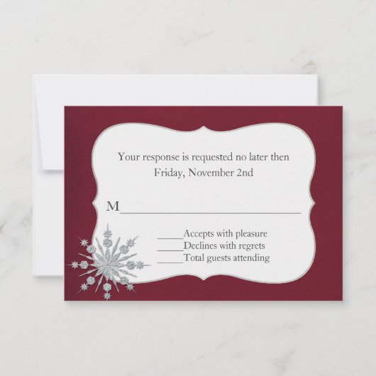 RSVPを結婚する雪片の冬のバーガンディ 出欠カード (裏面)