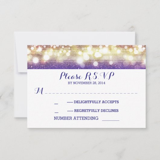 RSVPを結婚する青および金ゴールドのひもライトグリッター 出欠カード (正面)