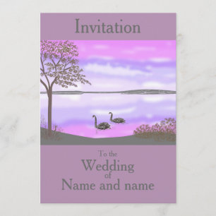RSVPを結婚するswans湖の日没場面は名前を加えます 招待状