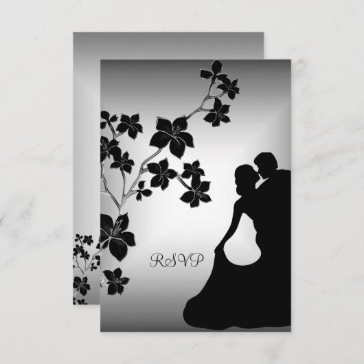 RSVPアニバーサリーアジアブラックシルバーフローラカップル 招待状 (正面/裏面)