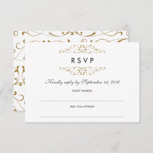 RSVPアンティーク金ゴールドフローリッ結婚シュ 出欠カード (正面/裏面)