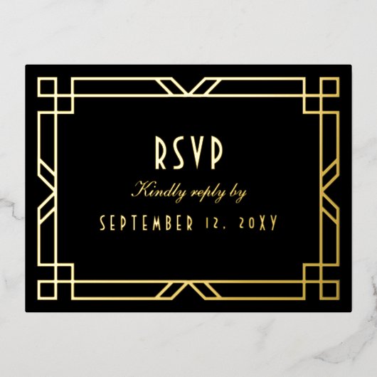 RSVPアールデコクラシックブラック金ゴールド食事はがき 箔シーズンポストカード (正面)