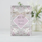 RSVPウッド素朴フローラの結婚ホワイトレースピンク 出欠カード (スタンド正面)