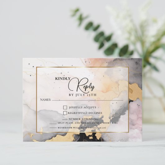 RSVPエボニーバラと金ゴールド抽象芸術大理石 出欠カード (スタンド正面)