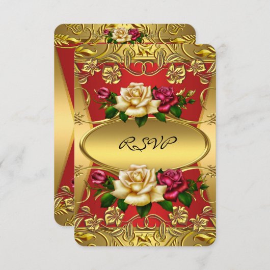 RSVPエリートレッドクリームバラ華美金ゴールド誕生日 招待状 (正面/裏面)
