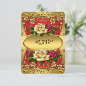RSVPエリートレッドクリームバラ華美金ゴールド誕生日 招待状 (スタンド正面)