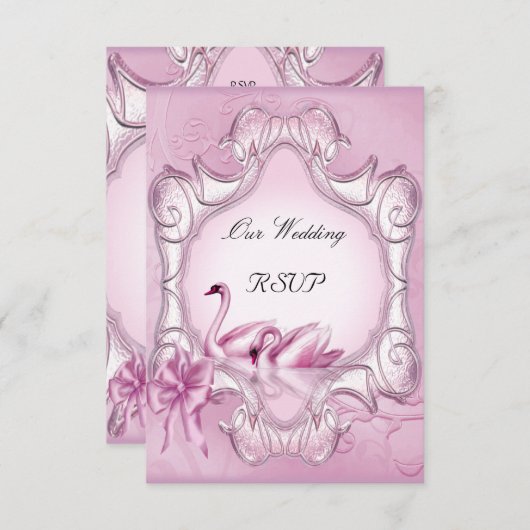 RSVPエレガントなウェディングピンクスワンスハート 出欠カード (正面/裏面)