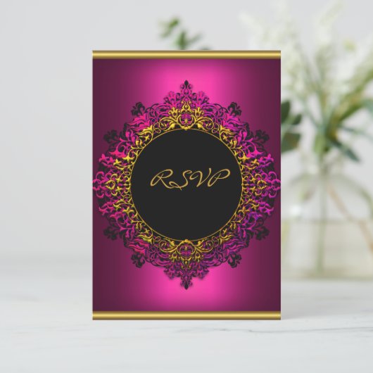 RSVPエレガントな誕生日パーティダークピンクブラック金ゴールド 出欠カード (スタンド正面)