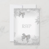 RSVPエレガントウェディンググリッターシルバーホワイトボウセット 出欠カード (正面)