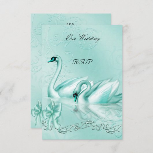 RSVPエレガントウェディングティール(緑がかった色)ブルーアクアスワンスハート 招待状 (正面/裏面)