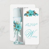 RSVPエレガントウェディングティール（緑がかった色）ホワイトベージュバラ 招待状 (正面/裏面)