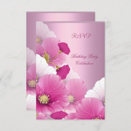 RSVPエレガントバースデーパーティーピンクホワイトポピー 出欠カード (正面/裏面)