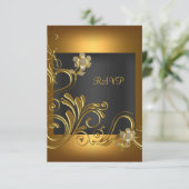 RSVPエレガントバースデーパーティーブラック金ゴールド花 出欠カード
