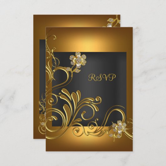 RSVPエレガントバースデーパーティーブラック金ゴールド花 出欠カード (正面/裏面)