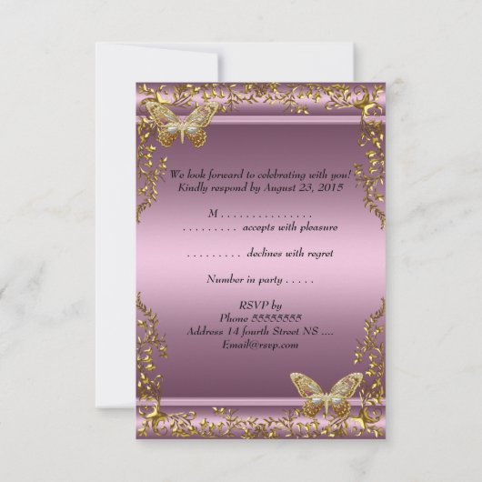 RSVPエレガント誕生日ピンク金ゴールド蝶 出欠カード (裏面)