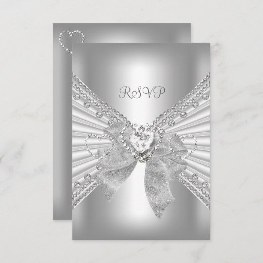 RSVPエンゲージメント ダイヤモンド ハート ホワイト シルバー ボウ 出欠カード (正面/裏面)