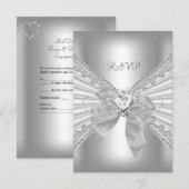 RSVPエンゲージメント ダイヤモンド ハート ホワイト シルバー リボン 出欠カード (正面/裏面)