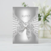 RSVPエンゲージメント ダイヤモンド ハート 白 シルバー リボン 出欠カード (スタンド正面)