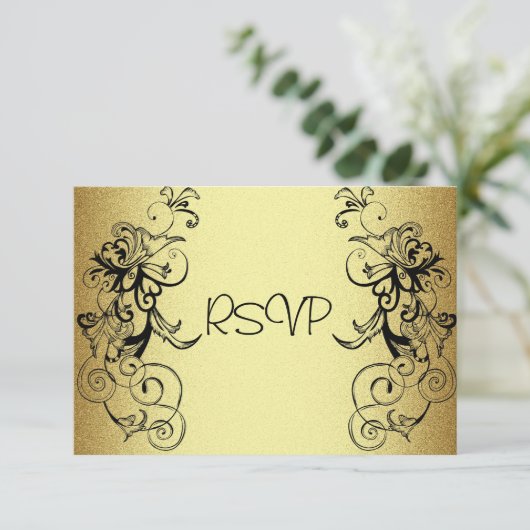 RSVPカードすべてのイベントのエレガントな金ゴールドの黒の花柄 出欠カード (スタンド正面)