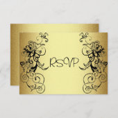 RSVPカードすべてのイベントのエレガントな金ゴールドの黒の花柄 出欠カード (正面/裏面)