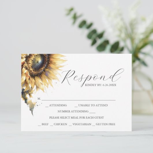 RSVPカードと食事の選択イエローサンフラワー 出欠カード (スタンド正面)