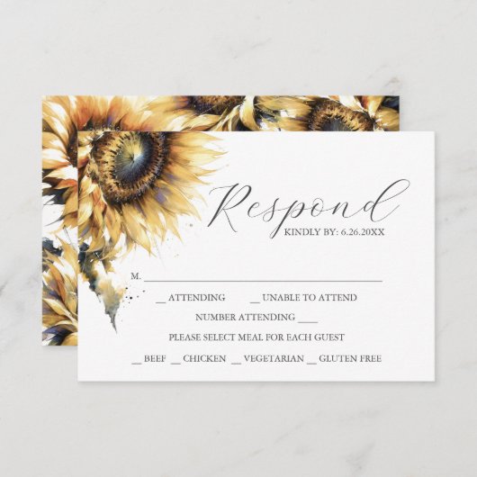 RSVPカードと食事の選択イエローサンフラワー 出欠カード (正面/裏面)