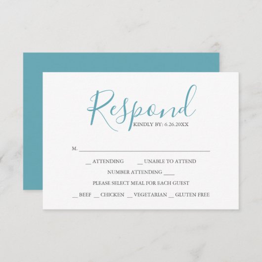 RSVPカードと食事の選択ターコイズ青 出欠カード (正面/裏面)