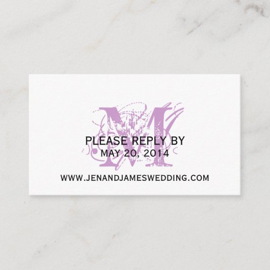 RSVPカードの結婚WebサイトPurple Chic Monogram エンクロージャーカード (正面)