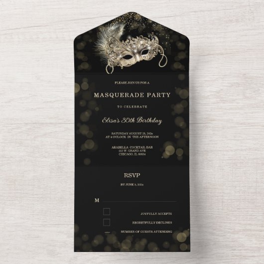 RSVPカードを使用したマスカレードパーティー オールインワン招待状 (内側)