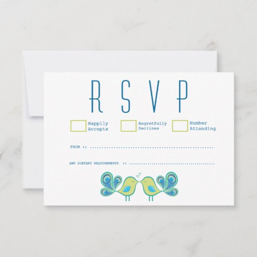 RSVPカードを結婚しているかわいい孔雀愛鳥 出欠カード (正面)